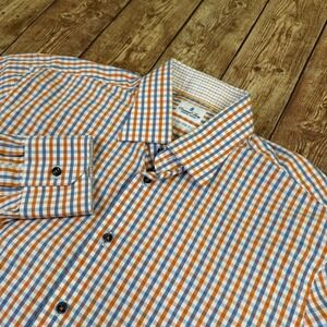 Emanuel Berg Custom Fit Button Up Shirt Mens 16.5 Orange Blue Check Cotton